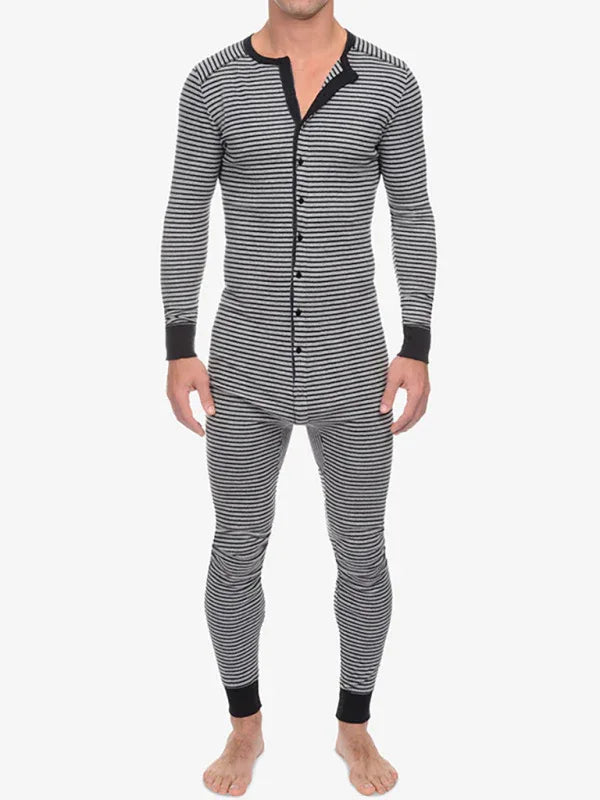 Men's Slim Striped Print Crew Neck Button Long Sleeve Trousers One Piece Pajama - Shello's Creative Boutique