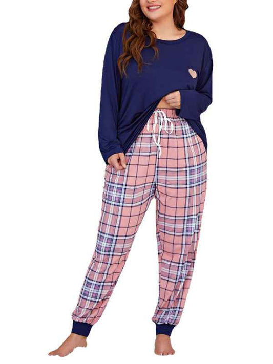 Plus Size Women's Long Sleeve Plaid Trousers Home Pajamas Set - Spring/Summer Comfort