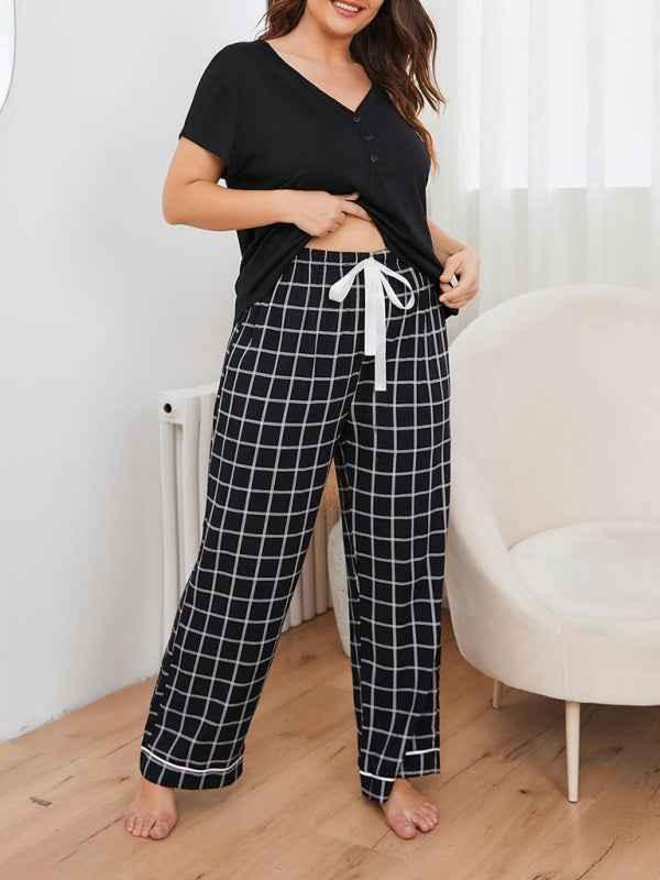 Plus Size Women's Pajamas Set - V Neck Short Sleeve T-Shirt and Plaid Trousers for Relaxed Spring-Summer Home Wear - Shello's Creative Boutique