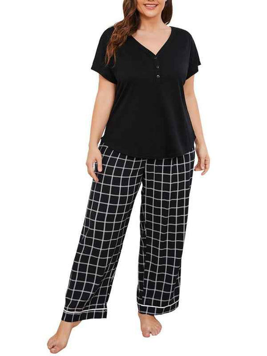 Plus Size Women's V Neck Short Sleeve T-Shirt Plaid Trousers Home Pajamas Set - Relaxed Elegance for Spring-Summer