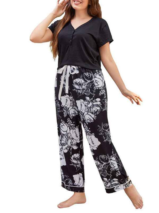 Plus Size Women's V Neck Short Sleeve T-Shirt Floral Trousers Home Pajamas Set - Comfort Meets Style