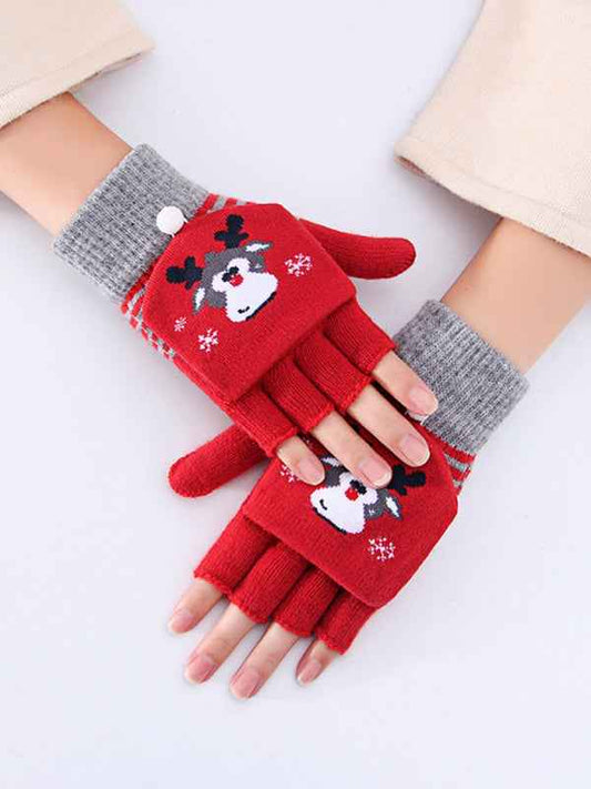 Reindeer Knit Flip Fingerless Gloves