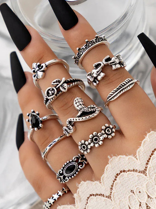 Jewelry 15-Piece Hollow Lotus Sunflower Ring Set with Geometric Black Stone - Shello's Creative Boutique