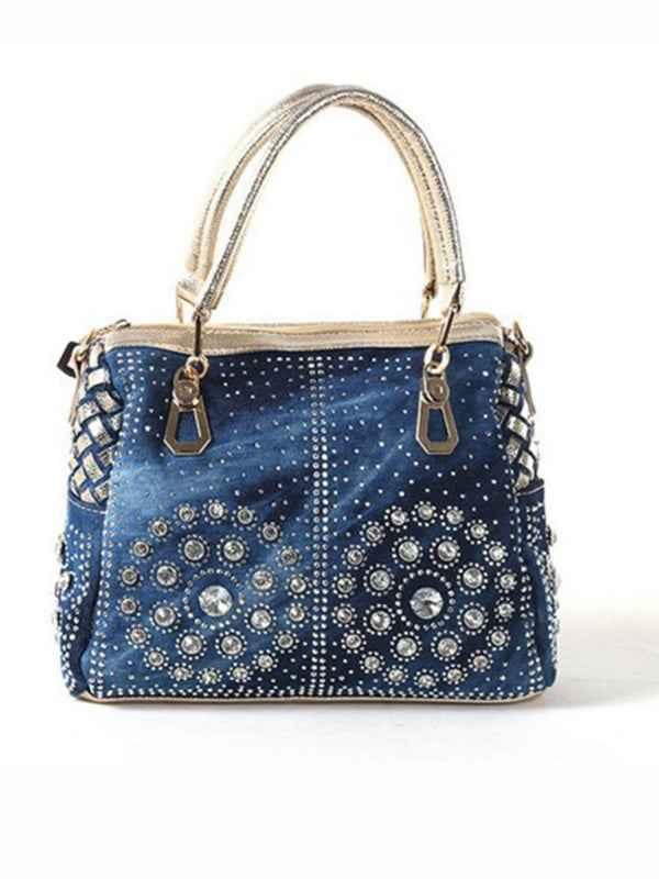 Denim Tote Bag - Versatile Hand-Held and Crossbody Diamond Design for Stylish Carrying - Shello's Creative Boutique