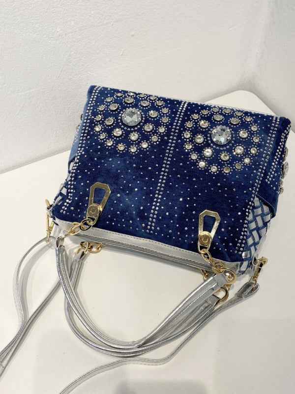 Denim Canvas Hand-Held Diamond Shoulder Crossbody Tote Bag – A Statement of Style & Versatility!