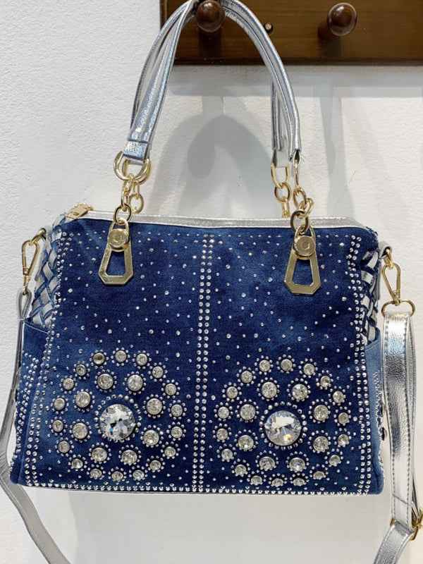 Denim Canvas Hand-Held Diamond Shoulder Crossbody Tote Bag – A Statement of Style & Versatility!