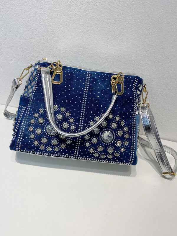 Denim Canvas Hand-Held Diamond Shoulder Crossbody Tote Bag – A Statement of Style & Versatility!