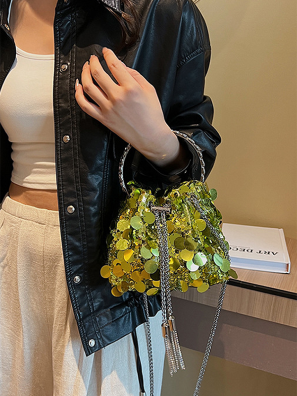 Metal tassel sequin evening bag hand-held crossbody bucket lipstick bag Shello's Creative Boutique