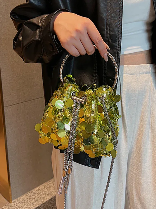 Metal Tassel Sequin Evening Sequin Bag - Hand-Held Crossbody Bucket Lipstick Bag - Shello's Creative Boutique