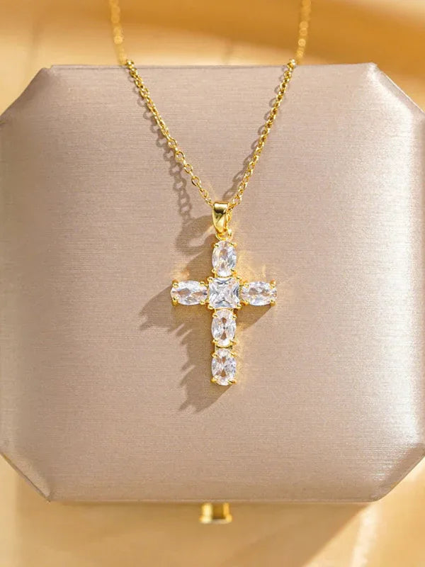Inlaid Zircon Cross Necklace - Elegant Clavicle Chain Pendant - Shello's Creative Boutique
