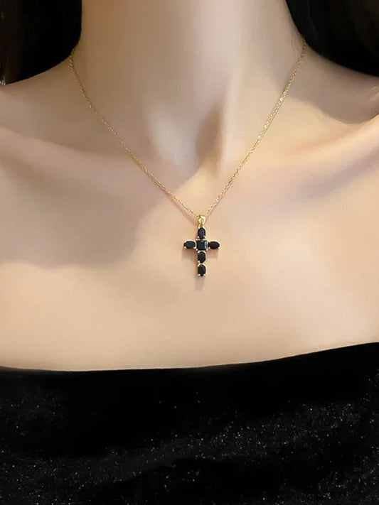 Inlaid Zircon Cross Necklace - Elegant Clavicle Chain Pendant - Shello's Creative Boutique