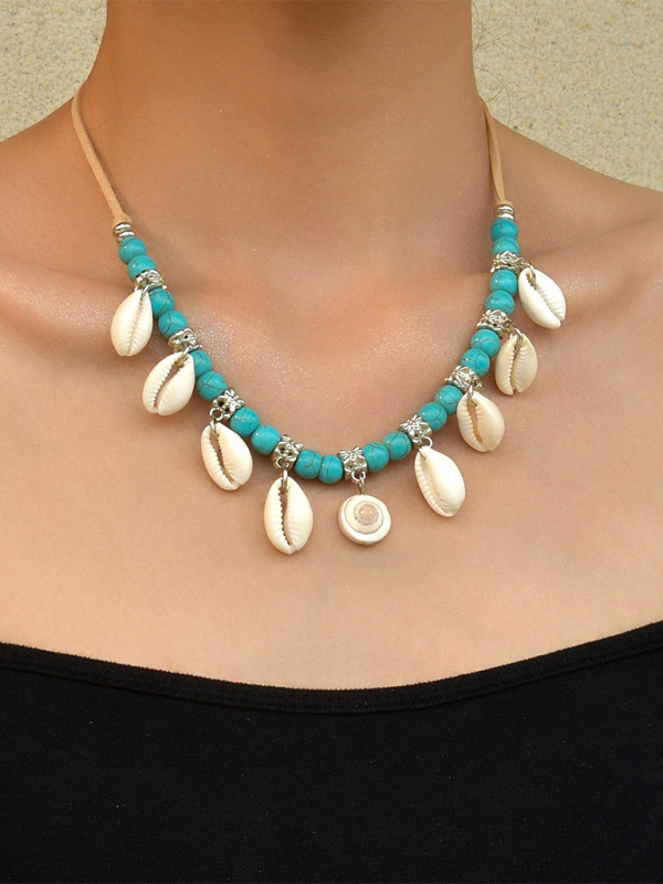 Bohemian shell pendant turquoise beaded velvet braided adjustable necklace for men and women Shello's Creative Boutique