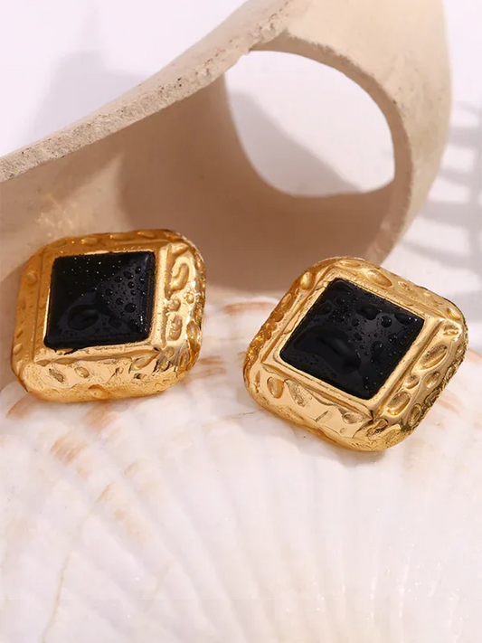 Vintage Stainless Steel Earrings with Classic Hammered Pattern and Black Acrylic Square Design - Shello's Creative Boutique