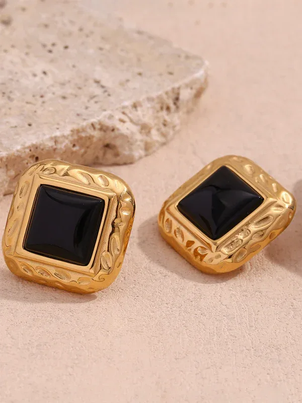 Vintage Stainless Steel Earrings with Classic Hammered Pattern and Black Acrylic Square Design - Shello's Creative Boutique