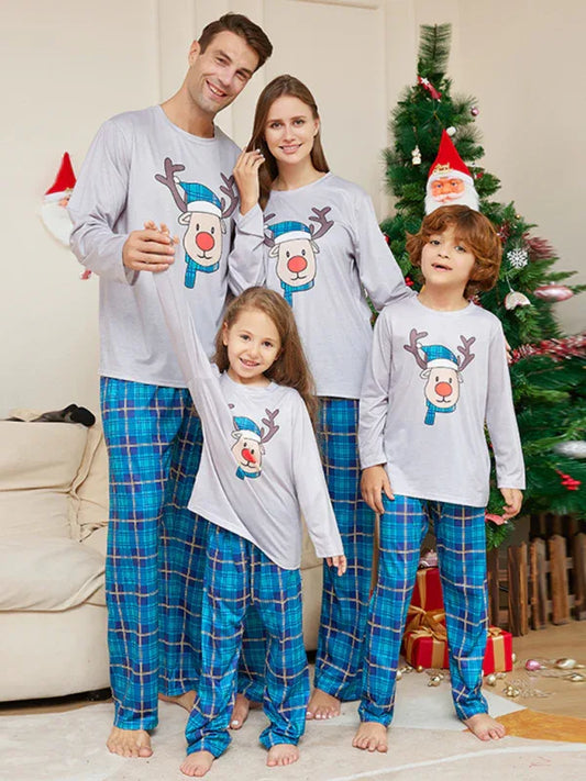 Christmas Deer Head Blue Plaid Family Pajamas - Parent-Child Set - Shello's Creative Boutique