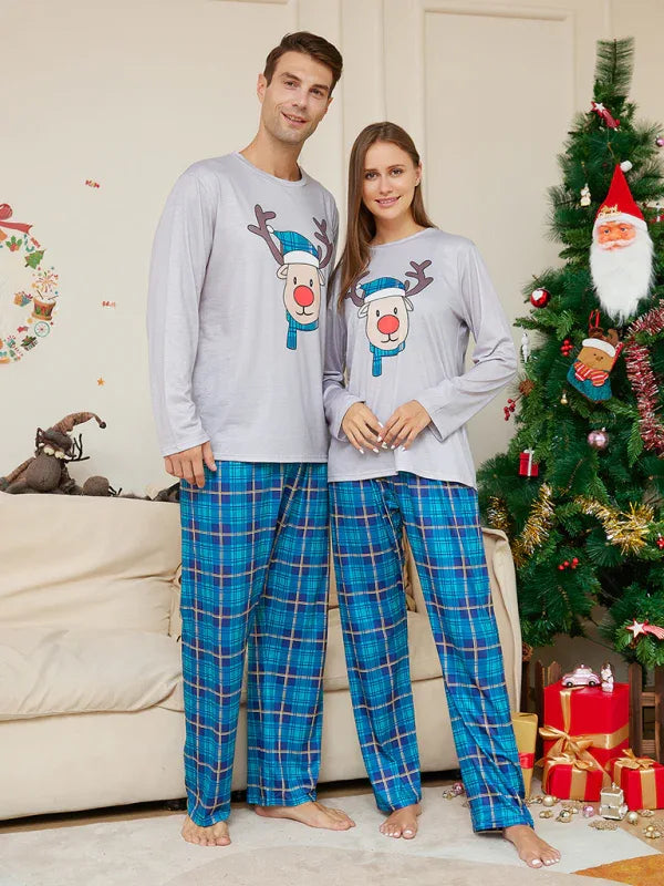 Christmas Deer Head Blue Plaid Family Pajamas - Parent-Child Set - Shello's Creative Boutique
