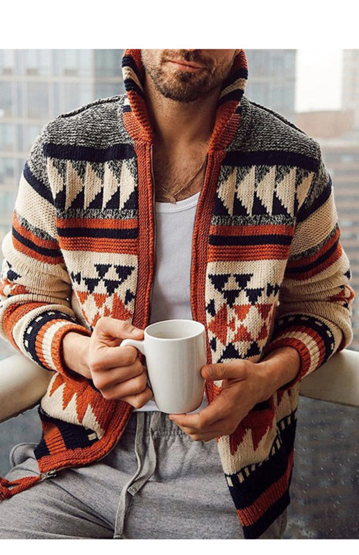 Men's Long Sleeve Lapel Outer Sweater Embroidered Stand Collar Zip Sweater Shello Creative Boutique