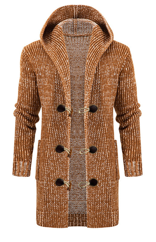 Men's Mid Length Hooded Knit Cardigan Horn Buckle Hooded Long Sweater Shello Creative Boutique