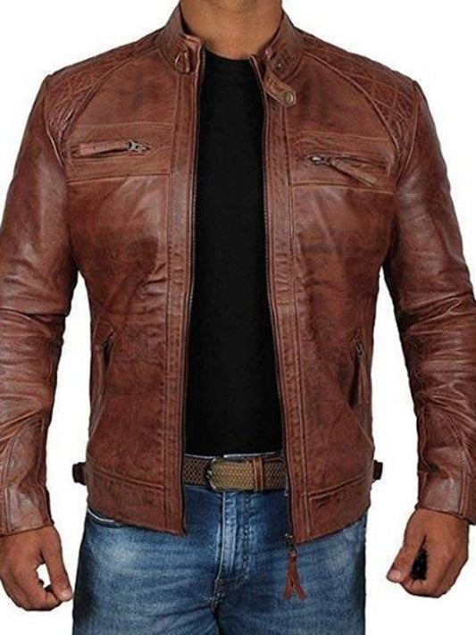 Men's Leather Jacket Stand Collar Punk Motorcycle Leather Slim Fit Jacket Shello's Creative Boutique