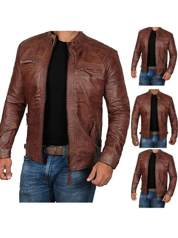 Men's Leather Jacket Stand Collar Punk Motorcycle Leather Slim Fit Jacket - Shello's Creative Boutique