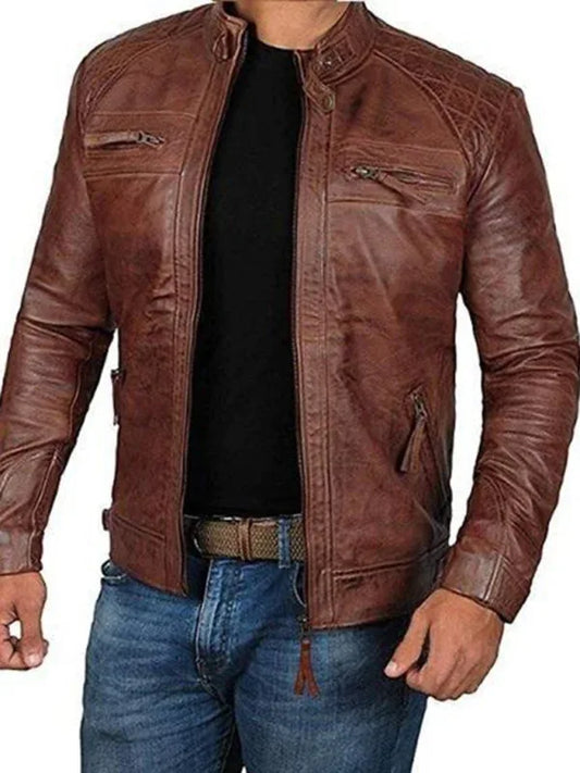 Men's Leather Jacket Stand Collar Punk Motorcycle Leather Slim Fit Jacket - Shello's Creative Boutique