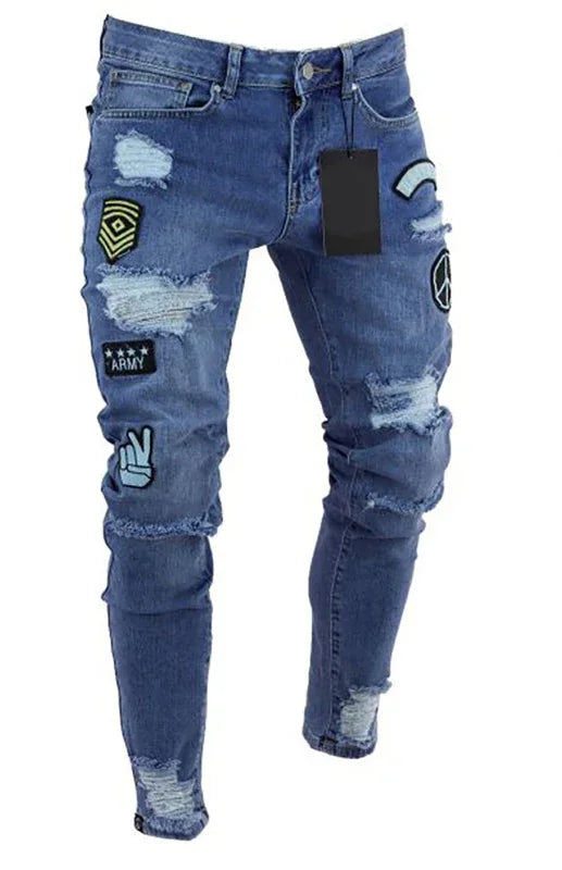 Men's Distressed Patchwork Knit Denim Jeans - Shello's Creative Boutique