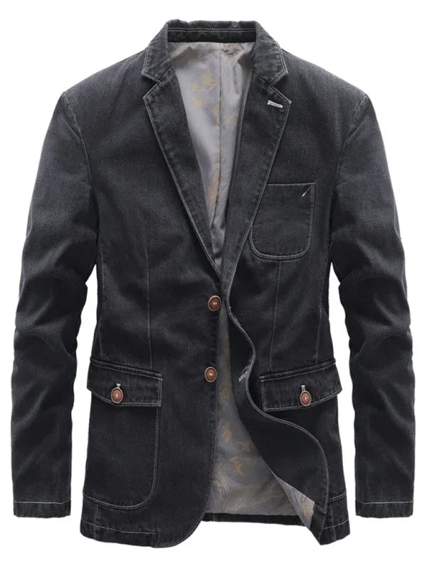 Men's Autumn-Winter Lapel Collar Knit Denim Jacket with Long Sleeves - Shello's Creative Boutique