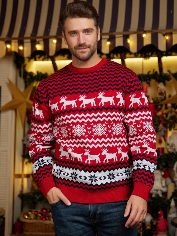 Men's Christmas Crew Neck Elk Jacquard Long Sleeve Sweater Shello's Creative Boutique