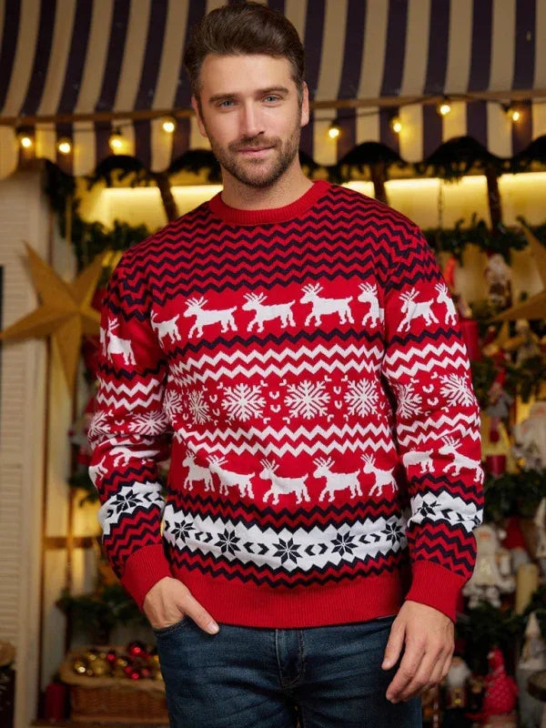 Men's Christmas Crew Neck Elk Jacquard Long Sleeve Sweater - Shello's Creative Boutique