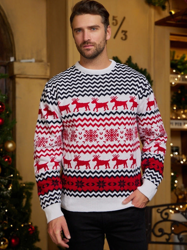 Men's Christmas Crew Neck Elk Jacquard Long Sleeve Sweater Shello's Creative Boutique