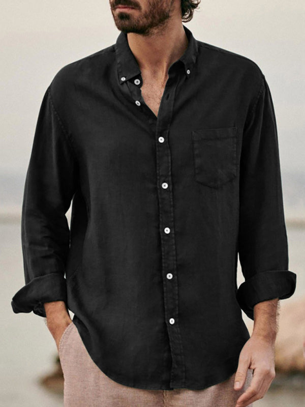 Men's new European and American fashion solid color loose single-breasted long-sleeved lapel shirt Shello Creative Boutique