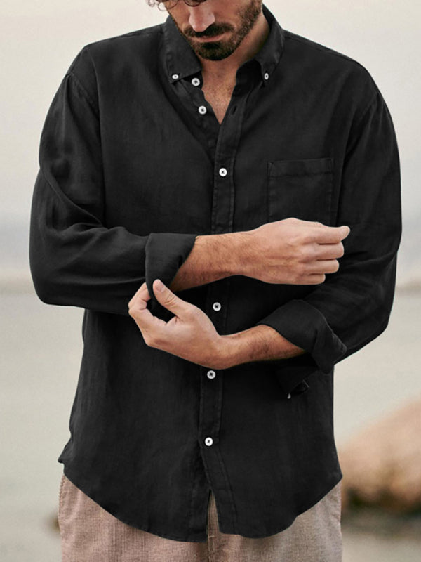 Men's new European and American fashion solid color loose single-breasted long-sleeved lapel shirt Shello Creative Boutique