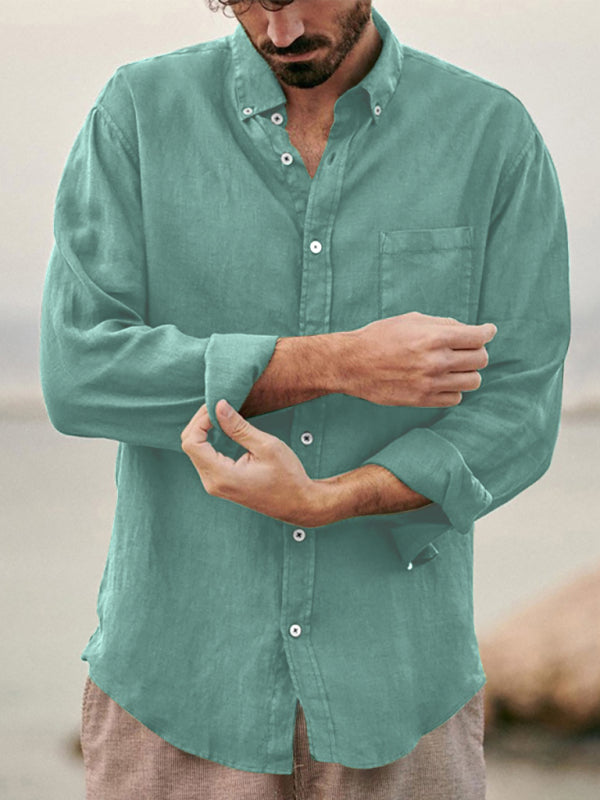 Men's new European and American fashion solid color loose single-breasted long-sleeved lapel shirt Shello Creative Boutique