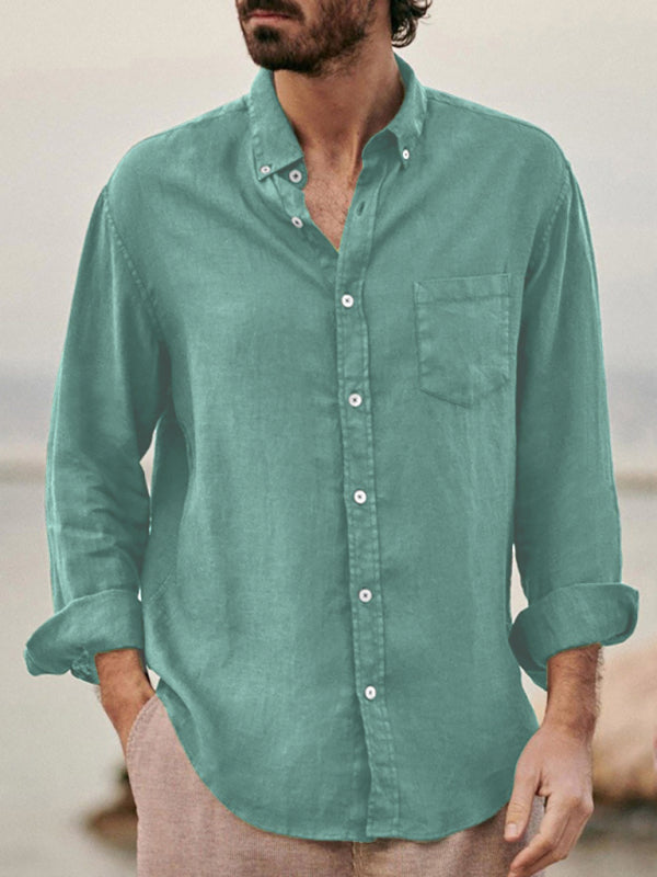 Men's new European and American fashion solid color loose single-breasted long-sleeved lapel shirt Shello Creative Boutique