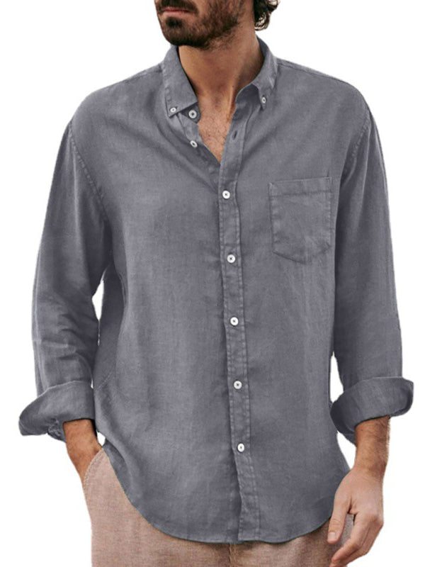 Men's new European and American fashion solid color loose single-breasted long-sleeved lapel shirt Shello Creative Boutique