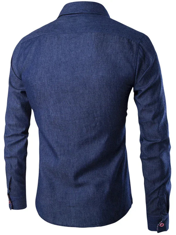 Men's Casual Shirt Pocket Patch Leather Long Sleeve Shirt Denim Shirt - Shello's Creative Boutique