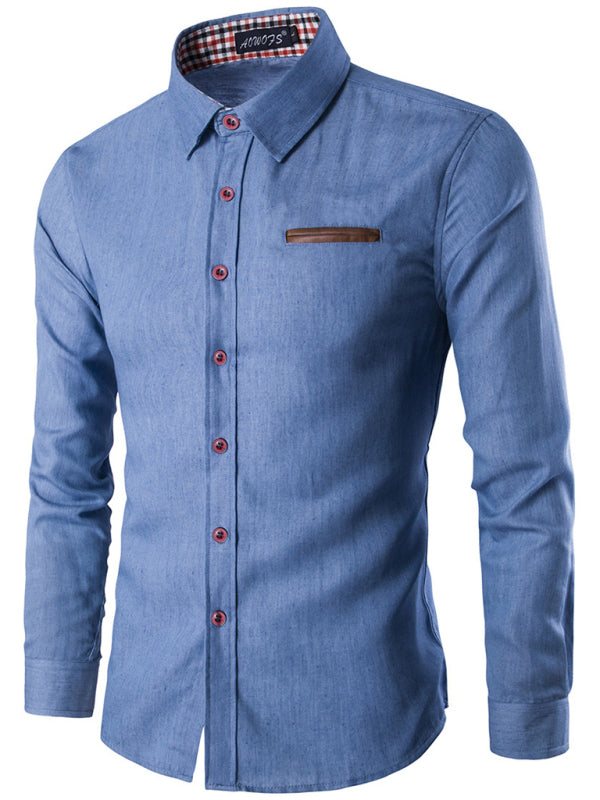 Men's Casual Shirt Pocket Patch Leather Long Sleeve Shirt Denim Shirt Shello Creative Boutique