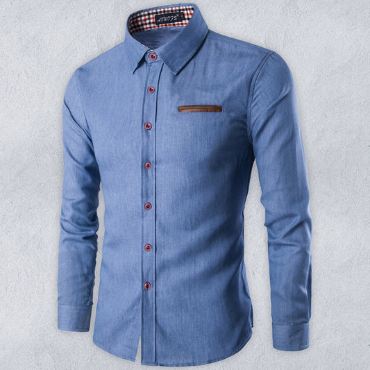 Men's Casual Shirt Pocket Patch Leather Long Sleeve Shirt Denim Shirt Shello Creative Boutique