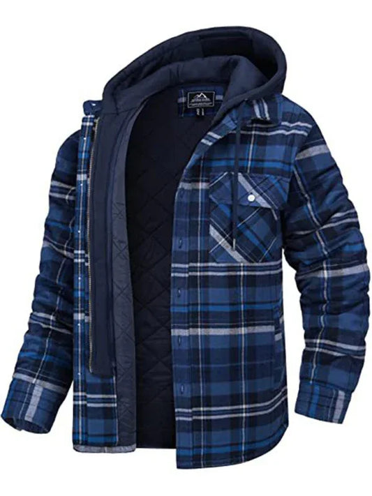 Men Casual Thickened Padded Plaid Long Sleeve Loose Hooded Jacket - Shello's Creative Boutique