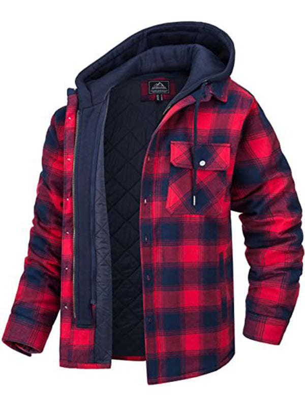 Men casual Thickened Padded Plaid Long Sleeve Loose Hooded Jacket Shello's Creative Boutique