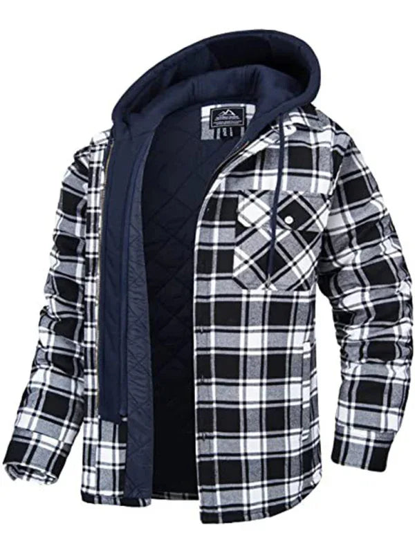 Men Casual Thickened Padded Plaid Long Sleeve Loose Hooded Jacket - Shello's Creative Boutique