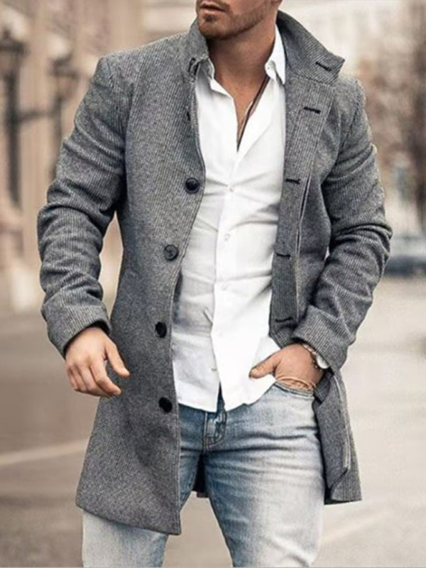 New men's woolen stand collar mid-length pocket casual coat Shello's Creative Boutique