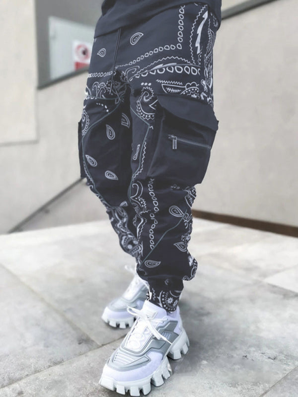 New printed cashew flower harem pants men's loose high street multi-pocket overalls Shello's Creative Boutique