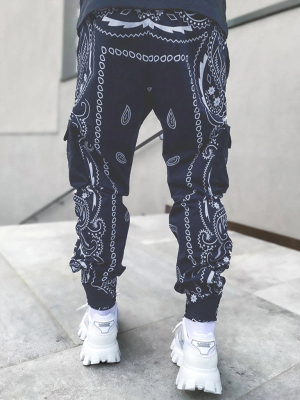 New printed cashew flower harem pants men's loose high street multi-pocket overalls Shello's Creative Boutique