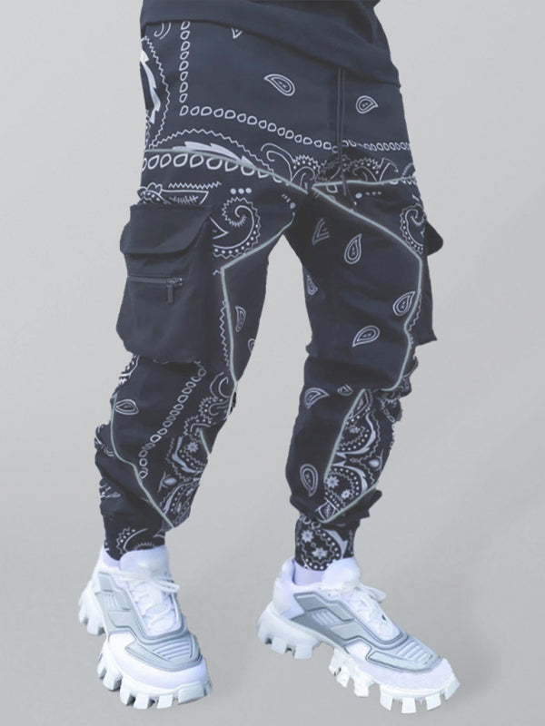 New printed cashew flower harem pants men's loose high street multi-pocket overalls Shello's Creative Boutique