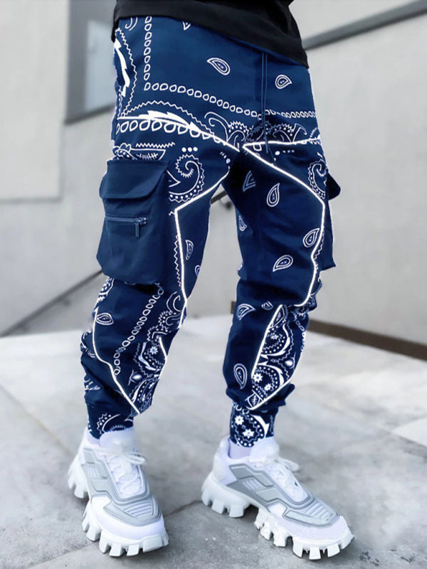 New printed cashew flower harem pants men's loose high street multi-pocket overalls Shello's Creative Boutique