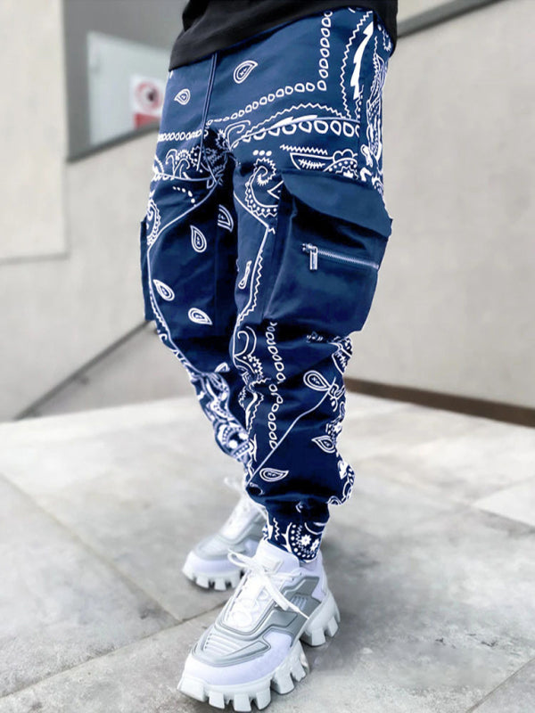 New printed cashew flower harem pants men's loose high street multi-pocket overalls Shello's Creative Boutique