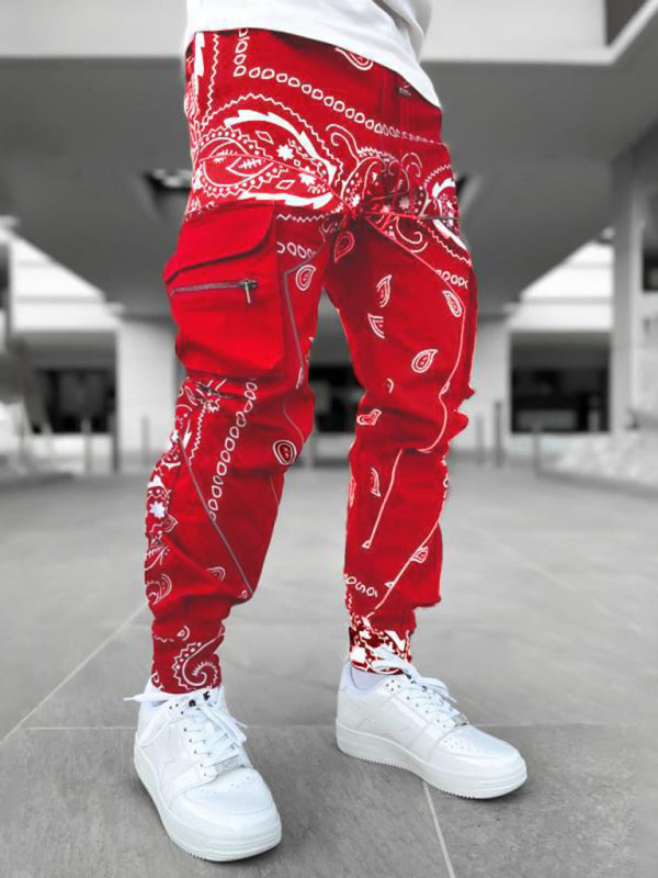 New printed cashew flower harem pants men's loose high street multi-pocket overalls Shello's Creative Boutique