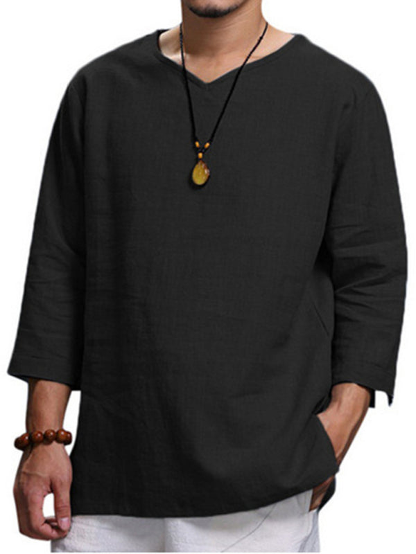 Men's Long Sleeve V Neck Cotton Linen Loose Shirt Shello Creative Boutique