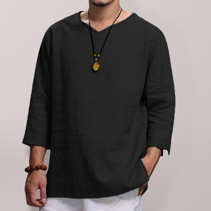 Men's Long Sleeve V Neck Cotton Linen Loose Shirt Shello Creative Boutique